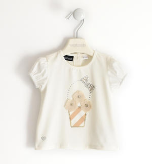 Elegante t-shirt per bambina con fiori in chiffon PANNA