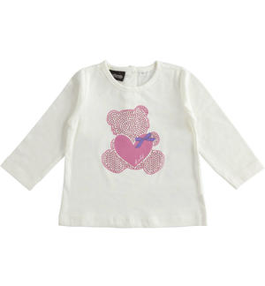 Maglietta girocollo bambina con orsetto PANNA