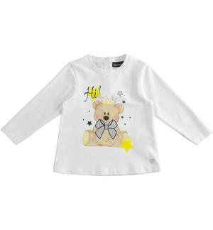 Maglietta girocollo bambina con stampa orsacchiotto e strass BIANCO