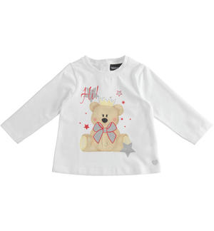 Maglietta girocollo bambina con stampa orsacchiotto e strass BIANCO