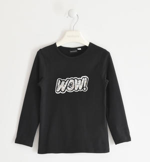 Maglietta in jersey scritta "WOW!" di paillettes NERO