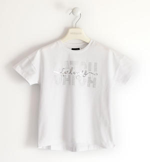 T-shirt bambina con glitter, strass e ricamo di paillettes BIANCO