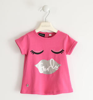 T-shirt bambina con strass e stampa laminata ROSA