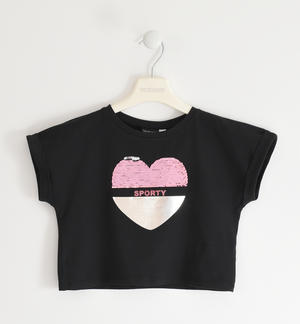 T-shirt per bambina con cuore di paillettes reversibili NERO