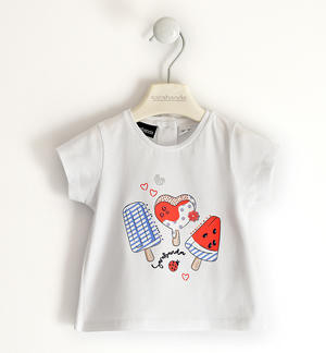 T-shirt per bambina con stampa gelati o gattino BIANCO