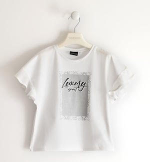 T-shirt per bambina con stampa glitter e manica arricciata BIANCO