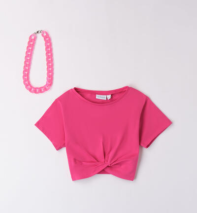 Girls' T-shirt with necklace FUCHSIA