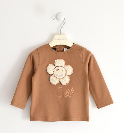 Maglietta bambina con fiore di paillettes da 12 mesi a 8 anni Sarabanda BEIGE-0729