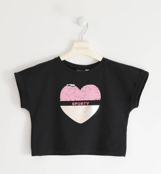 T-shirt per bambina con cuore di paillettes reversibili da 8 a 16 anni Sarabanda NERO-0658
