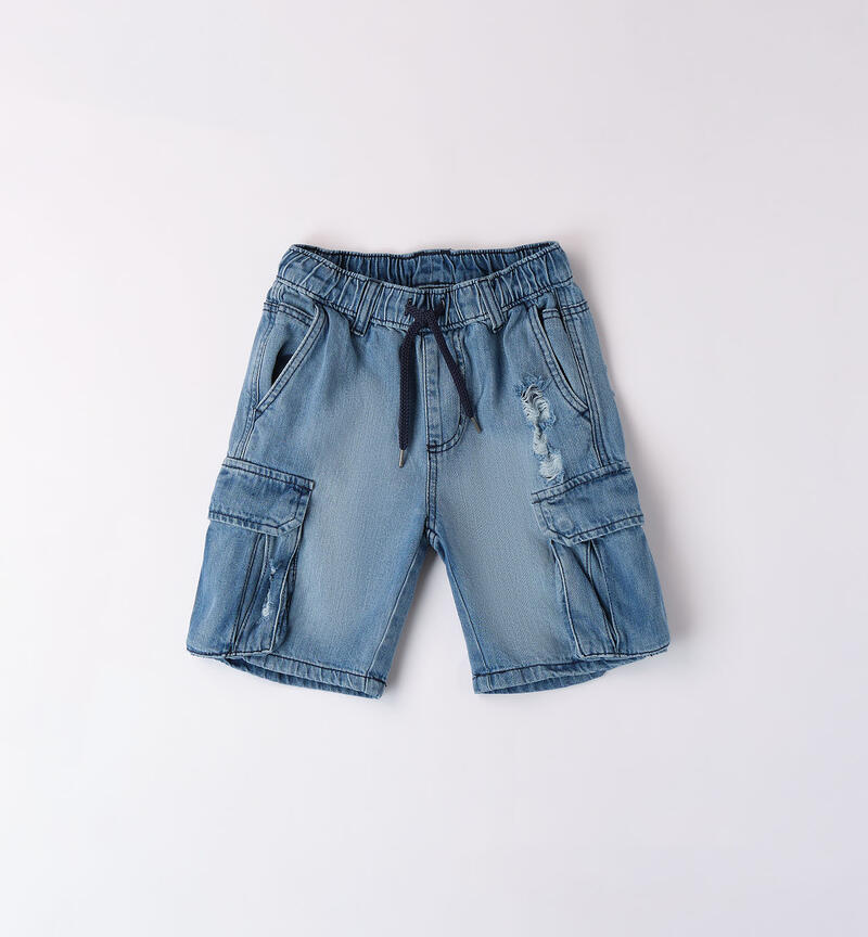 Boys' denim shorts with large pockets STONE BLEACH-7350