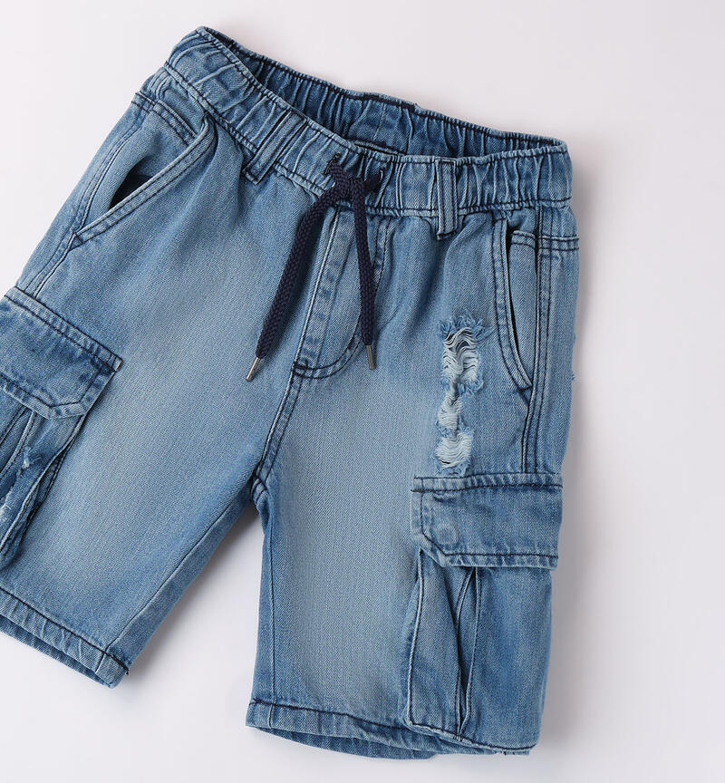 Boys' denim shorts with large pockets STONE BLEACH-7350