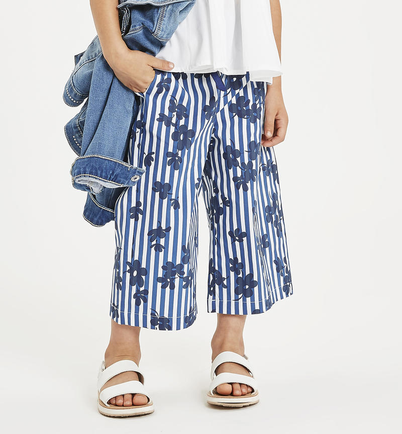 Striped printed poplin trousers for baby girl from 6 months to 7 years Sarabanda BIANCO-INDIGO-6MR6