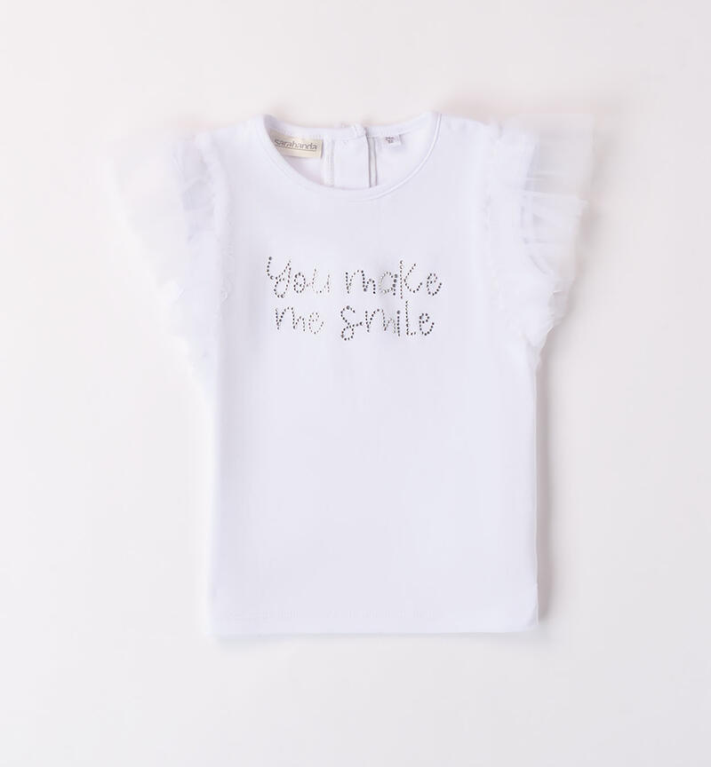 T-shirt con tulle e strass per bambina BIANCO-0113